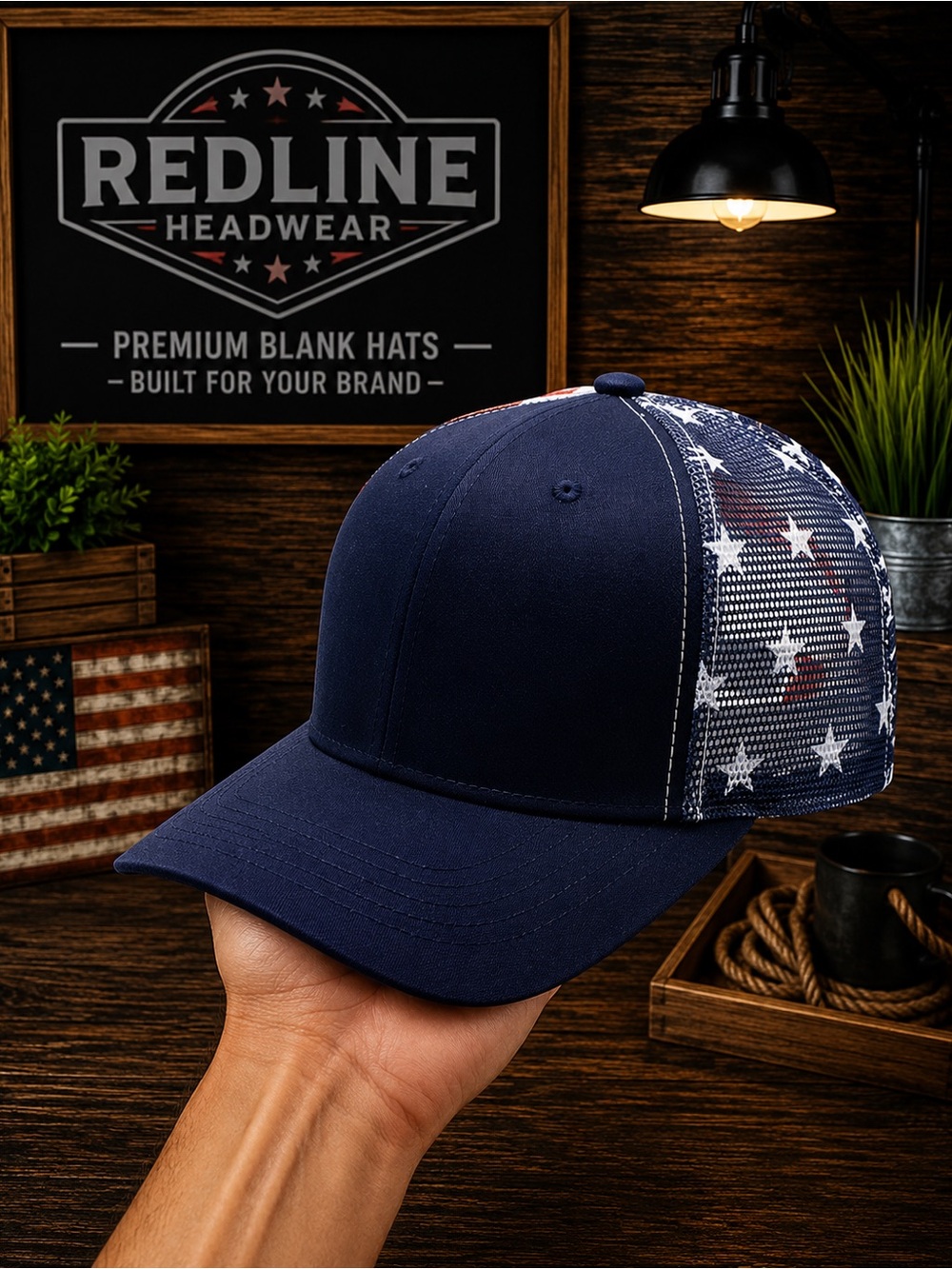 Navy Tactical Operator Trucker Hat – American Flag Mesh Snapback Cap
